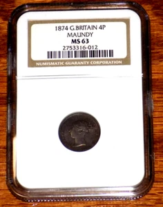 GREAT BRITAIN 1874 4 Four Pence Silver NGC MS 63 Queen Victoria Maundy 4P Coin - Picture 1 of 4