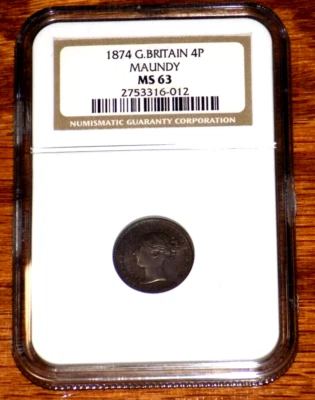 GREAT BRITAIN 1874 4 Four Pence Silver NGC MS 63 Queen Victoria Maundy 4P Coin - Image 1 of 4