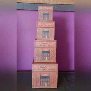 Set of (4) Bob's Boxes Primitive Storage Boxes Bless This House - Picture 1 of 9