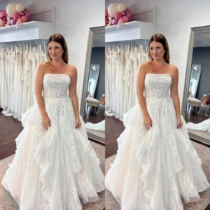 Wedding Dresses Strapless Lace Appliques Ruffles A Line Sweep Train Bridal Gown - Picture 1 of 9