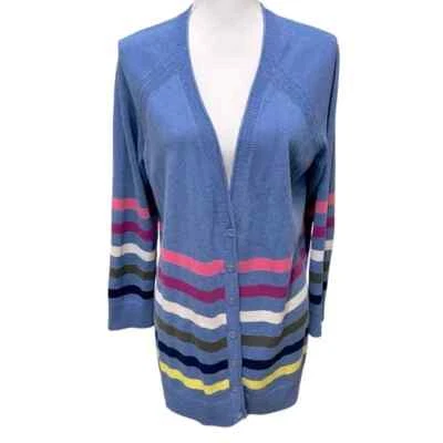 Talbots Girlfriend Striped Blue Cardigan Sweater V-Neck Hip Length Size 1X NWT - Image 1 of 4