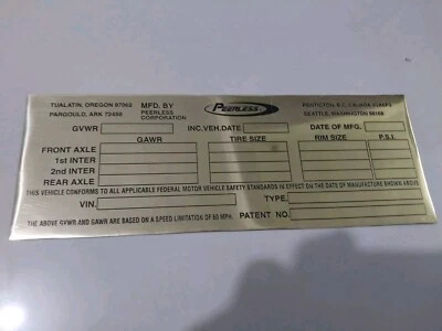 Fit For Peerless Trailer Data Plate  Blank - Image 1 of 3