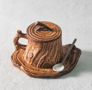 Tlife x Stool Handcrafted Japanese Tree Stump Ceramic Coffee Cup Saucer Set - Picture 1 of 11
