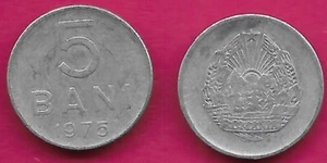 ROMANIA 5 BANI 1975 XF ROMANIA ON RIBBON,VALUE AND DATE,NATIONAL EMBLEM - Picture 1 of 1