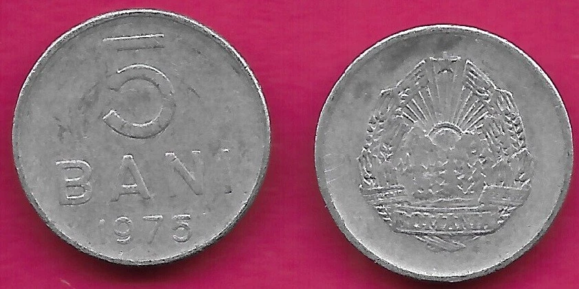 ROMANIA 5 BANI 1975 XF ROMANIA ON RIBBON,VALUE AND DATE,NATIONAL EMBLEM - Image 1 of 1