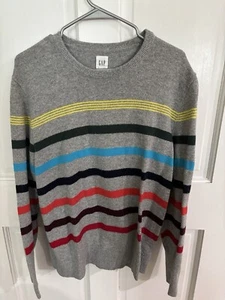 men's long sleeve sweater GAP size L gray w/color stripes - Picture 1 of 1