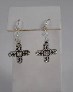 Oxidized Silver Tone Cross Earrings Crystal Scrolling Artisan French Hook - Picture 1 of 1