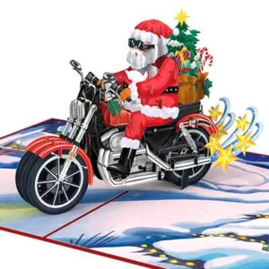3D POP UP Klappkarte *Weihnachtsmann auf Motorrad* Tannenbaum Sterne Geschenke - Bild 1 von 4