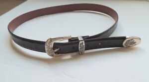 Women's Belt M black Italian Croco Calf Skin Leather Western  floral buckle Vtg
