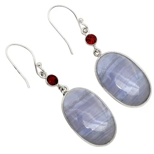 Natural Blue Lace Agate & Garnet 925 Sterling Silver Earrings Jewelry E-1002 - Picture 1 of 5