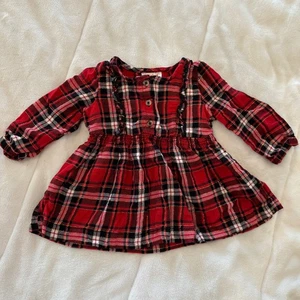 Cat Jack Plaid Flannel Dress Long Sleeve Ruffle Button Red Gold Baby 12M - Picture 1 of 4