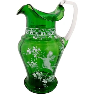 Vintage Green and White Glass Jug with Floral Design - Picture 1 of 8