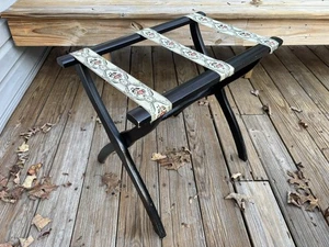 Vintage Scheibe Folding Luggage Stand Suitcase Rack Wood Frame Tapestry Straps - Picture 1 of 11