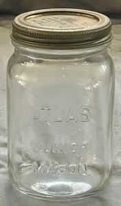 VNTG ATLAS JUNIOR MASON CLEAR GLASS PINT JAR w/ ATLAS SEAL-ALL 63 ARC-LID lšk - Picture 1 of 22