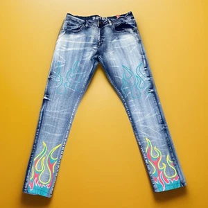 BLACK PIKE 34x32 Painted Graffiti Flames Tapered Skinny Jeans Herren - Bild 1 von 4