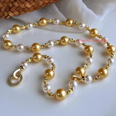 Collar de cuentas redondas lisas imitación perlas concha del Mar del Sur de oro blanco de 8-10 mm Foto 1 de 4