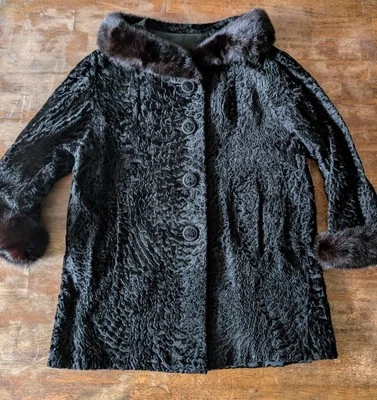 Vintage Women's Fur Coat Marshall Field Jacket Black Persian Lamb Mink Collar - Image 1 of 4
