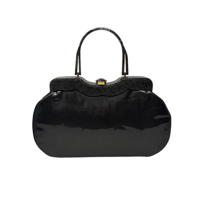 Vintage 50s Gray Purse Lucite Plastic Tortoise Handle Patent Leather Large Bag - Image 1 of 4