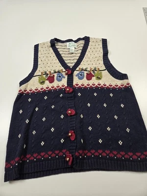 Quacker Factory Sweater Vest Womens Large Blue Mittens Holiday Ramie Knit Button - Image 1 of 4
