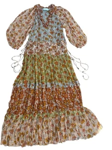ZIMMERMANN Dress Andie Maxi Tiered Floral Pink Blue Brown Long Sleeve Slip 0 - Picture 1 of 15