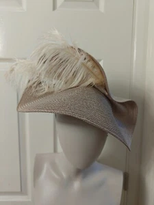 beige large straw fascinator ostrich feather millinery headband wedding hat - Picture 1 of 2