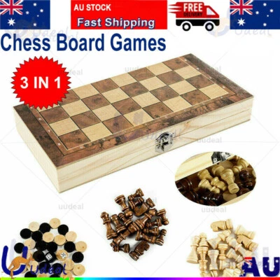 3 in 1 Large Folding Wooden Chess Set Board Game Checkers Backgammon Toy Gift AU - image 1 of 4