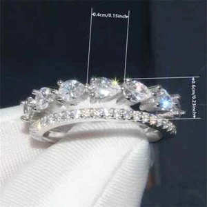 Romantic Engagement Ring 14k White Gold Plated Lab Created Diamond Pear Shape - Picture 1 of 5