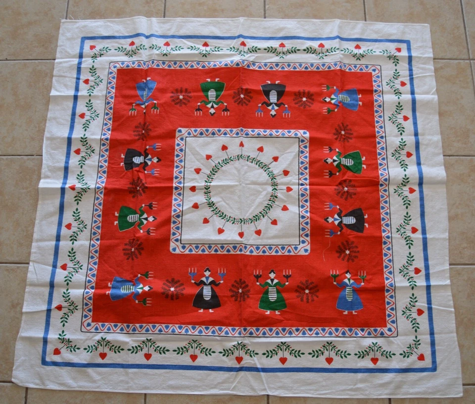 Vintage Christmas Tablecloth Swedish Scandanavian Girls Holding Candles Hearts - image 1 of 4