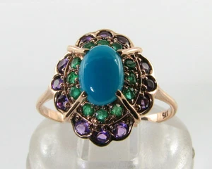 9CT 9K ROSE GOLD TURQUOISE COLOMBIAN EMERALD AMETHYST ART DECO INS CLUSTER RING - Picture 1 of 5