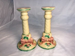 VTG Set of 2 The Haldon Group Majolica Strawberries and Bow Candlesticks 8.5" H - Picture 1 of 4