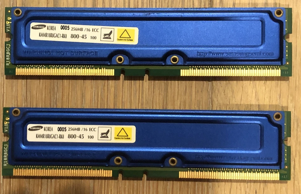 Pair of (2) Samsung KMMR18R8GAC1-RK8 ABL 256MB 184p PC800-45 16d ECC RDRAM RIMM - Image 1 of 4