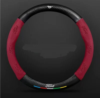 15" PU Leather+Carbon fiber Steering Wheel Cover For Ford Mustang All Cars - Image 1 of 4