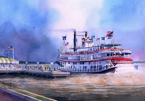 Dampfschiff NATCHEZ, New Orleans. Schaufelrad Riverboat. James Mann Kunst Notizkarten - Bild 1 von 2