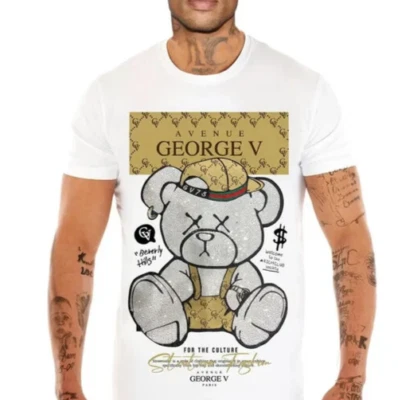 Avenue George V Paris T 恤 Teddy Bear 水钻男式白色合身 T 恤 — 第 1/3 张图片