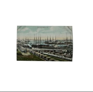 Vintage 1910er Postkarte San Pedro Hafen Kalifornien CA Schiffe Boote Eisenbahn Zug - Bild 1 von 2