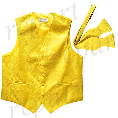 New Men's Paisley Tuxedo Vest Self-tie Bowtie prom party Yellow wedding formal - Image 1 of 4