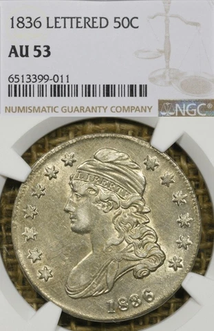 1836 50C NGC AU53 Lettered Edge Capped Bust Half Dollar Cover