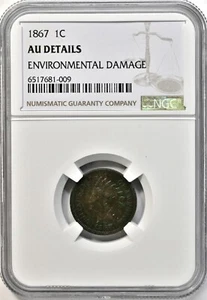 1867 1C Indian Head Cent NGC Graded AU Details (Environmental Damage) #2088 - Picture 1 of 2