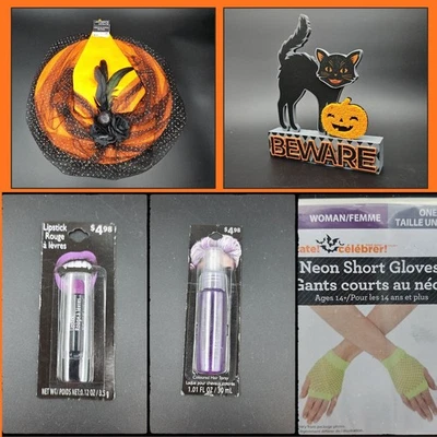 5 Items Witch Halloween Accessories: Lipstick, Hairspray, Gloves , Hat and Cat - Image 1 of 4