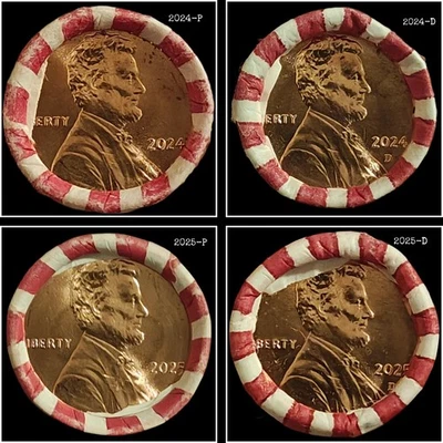 💠🪙💠2025 P & D (2) + 2024 P & D (2) BU Lincoln Pennies ~ Four (4) OBW Roll Set - Image 1 of 4