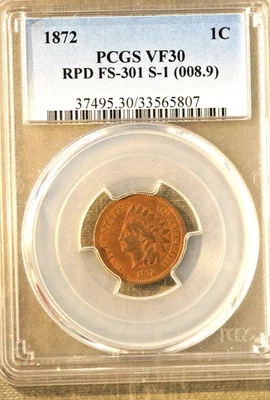 1872 Indian Cent RPD Snow 1 PCGS  VF30  - Image 1 of 4