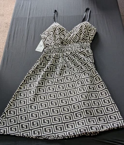 Trendiges Greek Key Print Minikleid ärmellos schwarz beaige Gr.M #028 - Bild 1 von 2