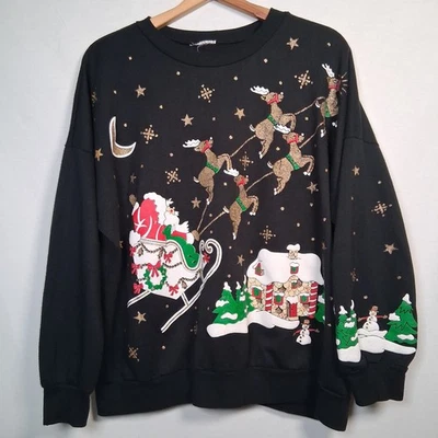 Sudadera Vintage Navidad XL Cuello Redondo Dorado Brillo Santa Reno Cottage Foto 1 de 4