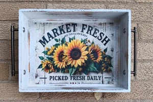 Handmade - Rustic Wood Tray - Market Fresh Sunflowers - Decorative Tray - Picture 1 of 2