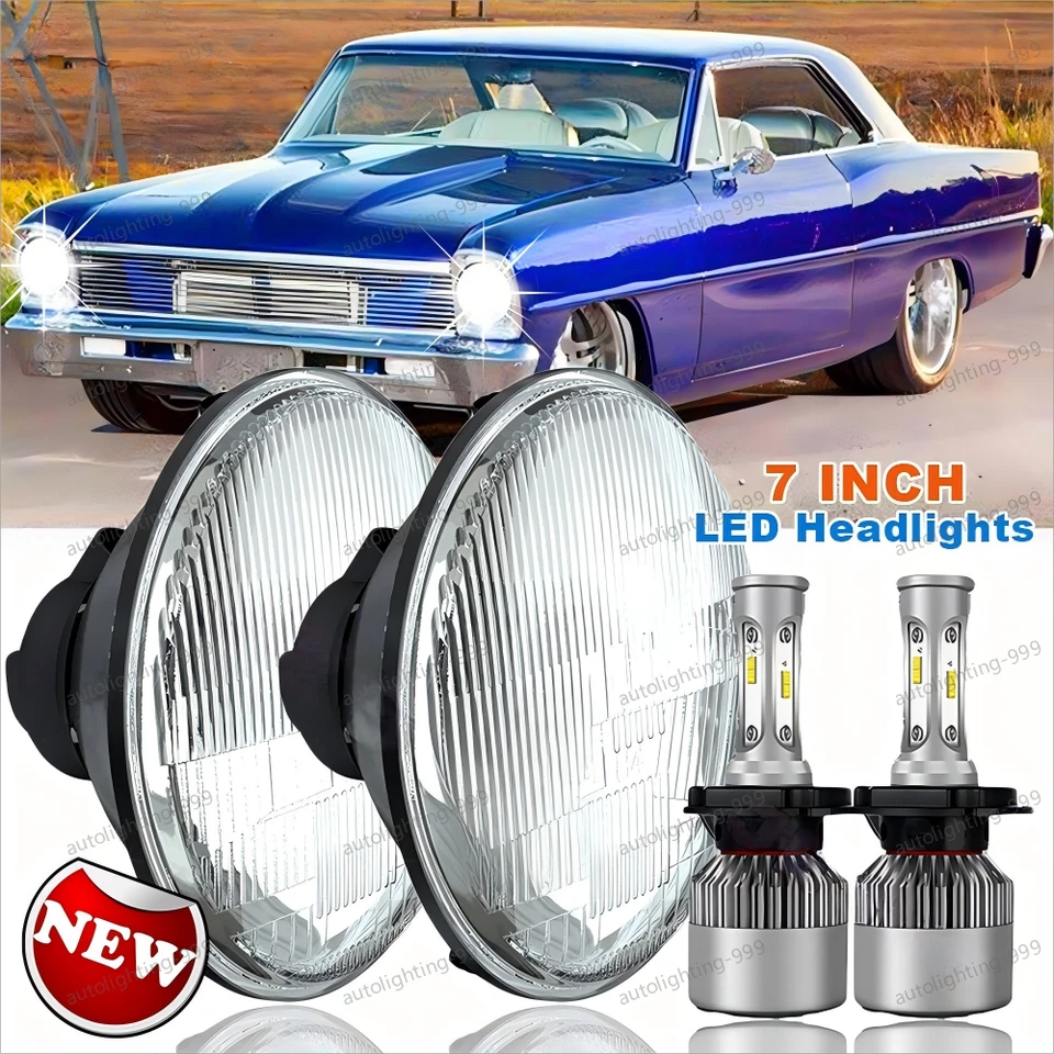 Par de faros LED redondos de 7 pulgadas haz alto/bajo aptos para Chevrolet Chevy II/Nova 1969-1978 Foto 1 de 4