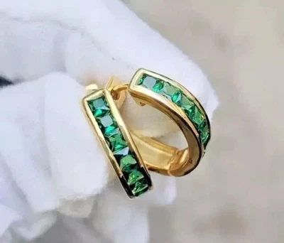 Women's Princess Cut Lab Created Emerald Hoop Earrings 14k Yellow Gold Plated - Image 1 of 4