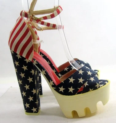 Wild Diva 4 de Julio Bandera Americana 6" Bloque Tacón Puntera Abierta Zapatos MUJERES Talla 6 Foto 1 de 4