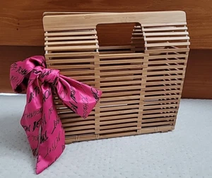 Betsey Johnson bamboo wooden purse rectangular handbag with logo bow scarf - Picture 1 of 8