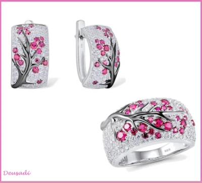 Inusuali E Preziosi Orecchini E Anello Con Fiori Di Prugno E Ramo Dell'Albero - Immagine 1 di 4