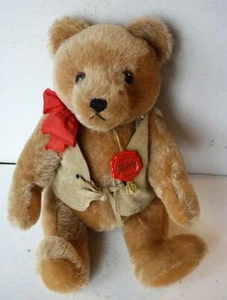 Hermann Teddy Bear Golden Mohair Red Tie Hand Signed Hermann Suede Vest Adorable - Picture 1 of 1